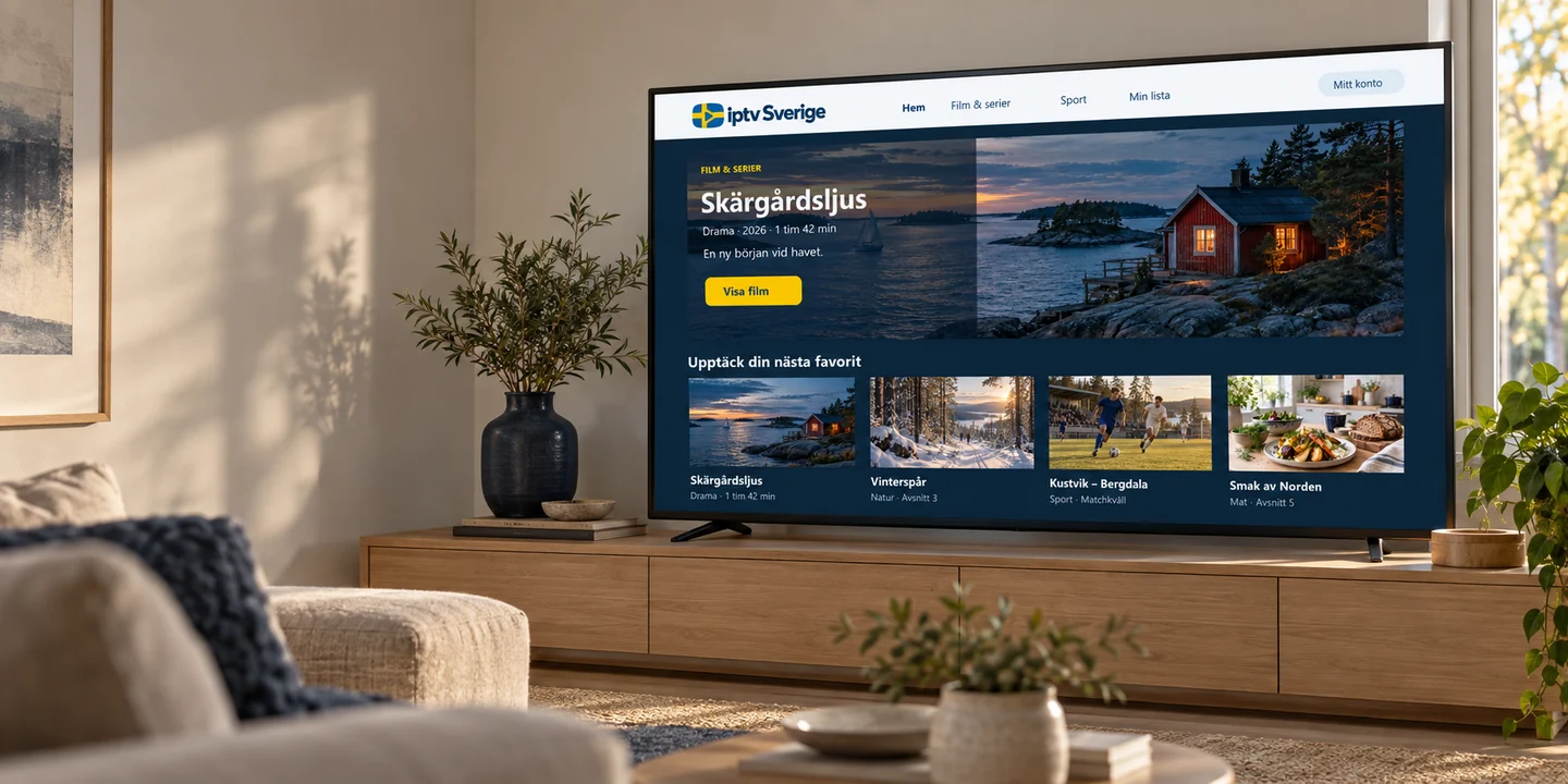 Ljust svenskt vardagsrum där tv:n visar iptv Sverige-menyn med film, natur, sport och mat.