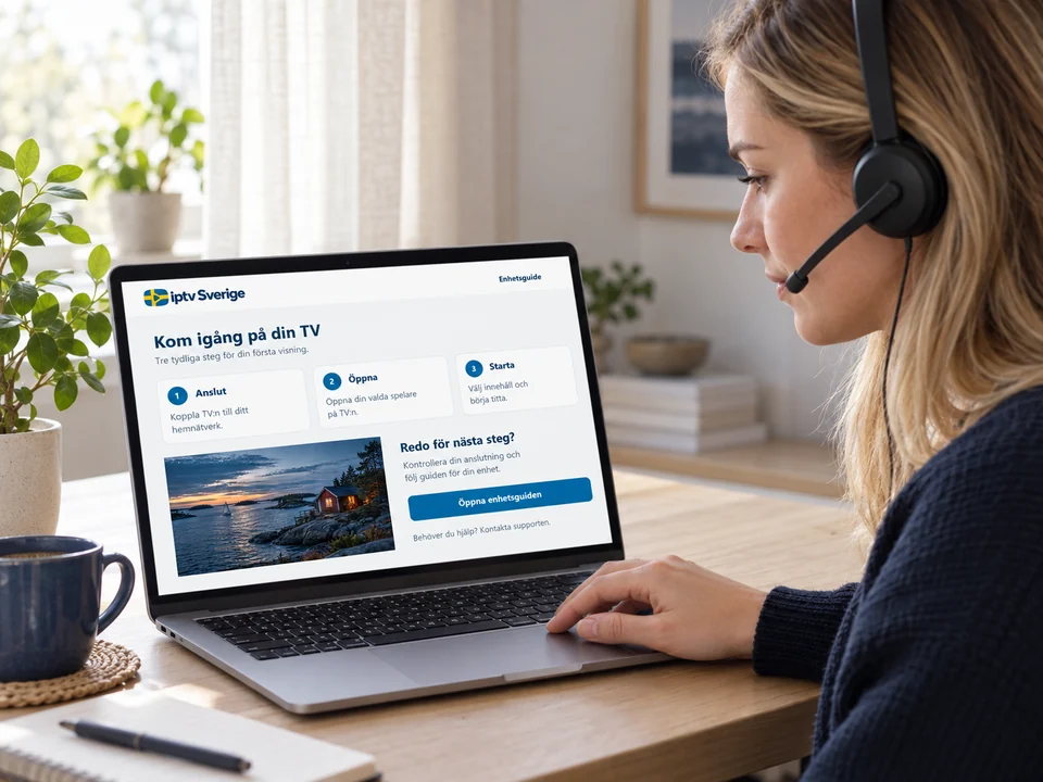 En person med headset läser en installationsguide på en bärbar dator.
