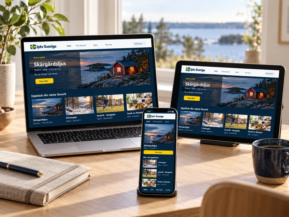 Bärbar dator, surfplatta och mobil med samma fiktiva innehållsbibliotek.