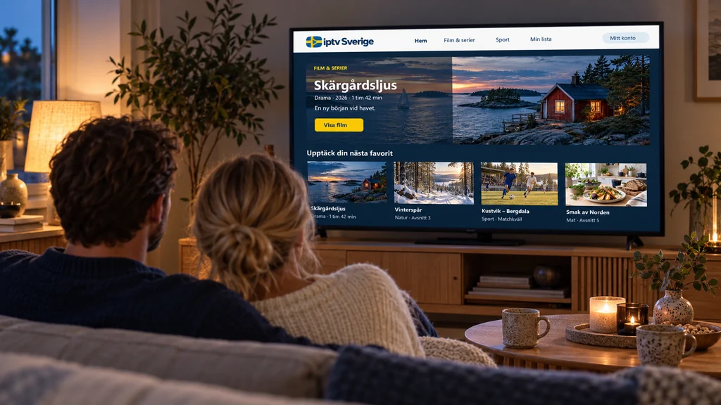 Två personer väljer något att titta på i ett varmt upplyst vardagsrum.