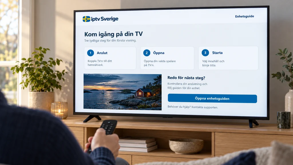 En person använder en fjärrkontroll framför en TV med en tydlig installationsguide.
