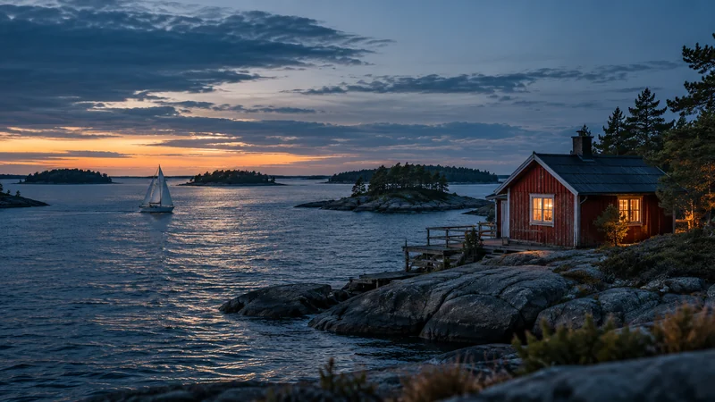 En segelbåt och en röd stuga i skärgården i kvällsljus.