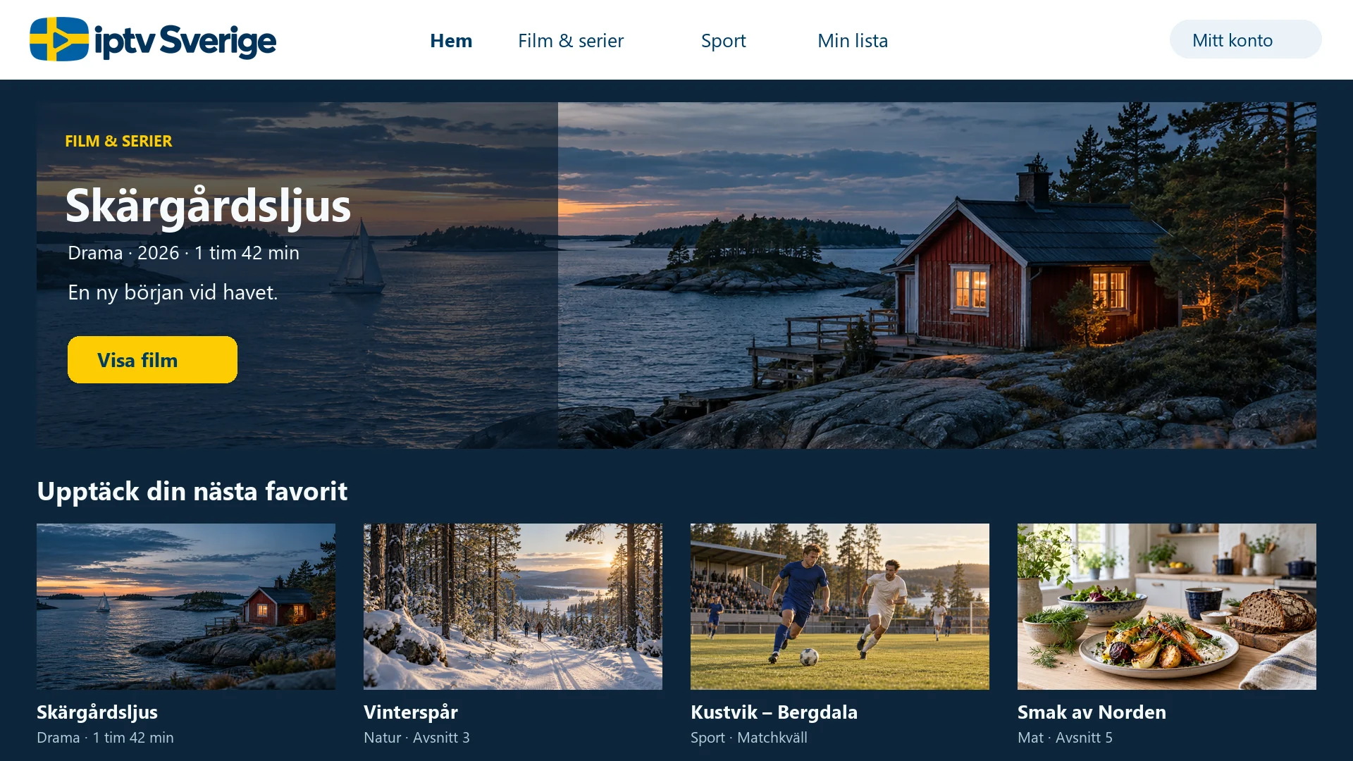 Fiktivt innehållsbibliotek med film, natur, sport och matprogram.