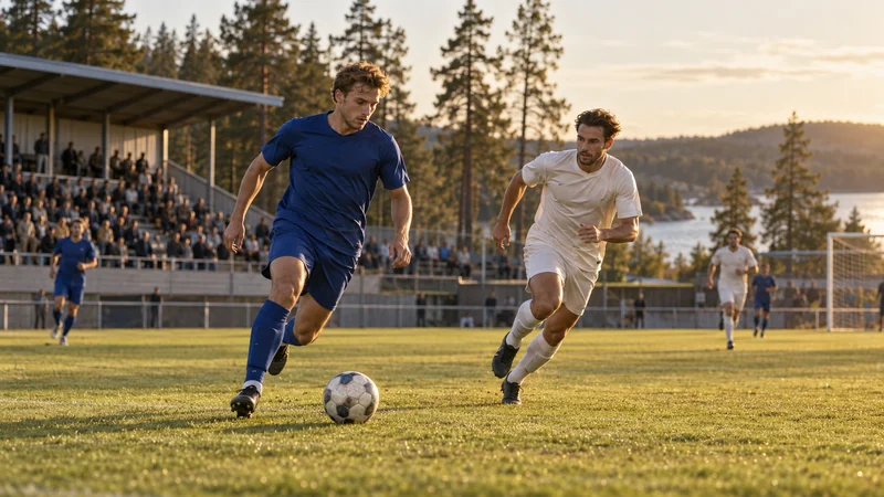 Fotbollsspelare i blå och vita dräkter på en gräsplan.