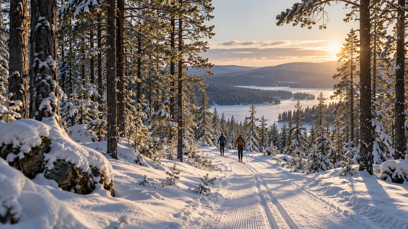 Två skidåkare på en snöig stig genom en tallskog.